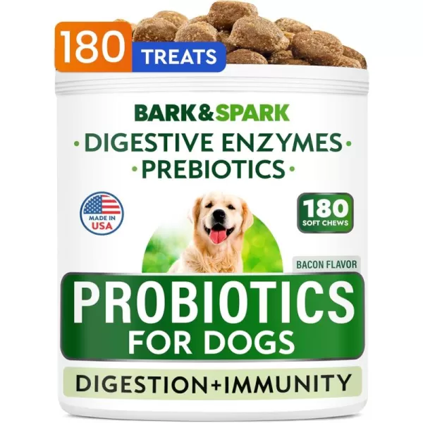 BarkampampSpark Dog Probiotics ampamp Digestive Enzymes Gut Health Allergy ampamp Itchy Skin  Pet Diarrhea Gas Treatment Upset Stomach Relief Digestion Health Prebiotic Supplement Tummy Treat 180Ct ChickenBacon