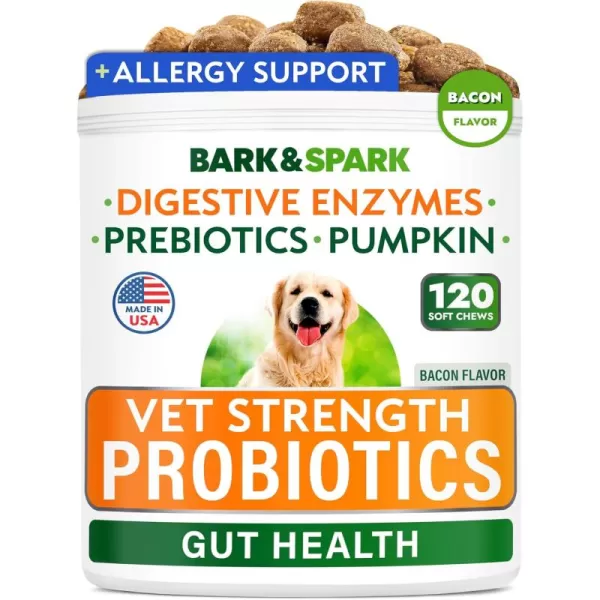 BarkampampSpark Dog Probiotics ampamp Digestive Enzymes Gut Health Allergy ampamp Itchy Skin  Pet Diarrhea Gas Treatment Upset Stomach Relief Digestion Health Prebiotic Supplement Tummy Treat 180Ct ChickenVet Strength  Bacon