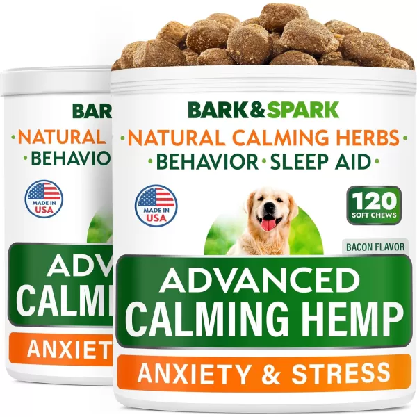 BARKampampSPARK Advanced Calming Hemp Treats for Dogs  Hemp Oil  Melatonin  Anxiety Relief  Separation Aid  Stress Relief During Fireworks Storms Thunder  Aggressive Behavior Barking  120 ChewsMAX STRENGTH Calming