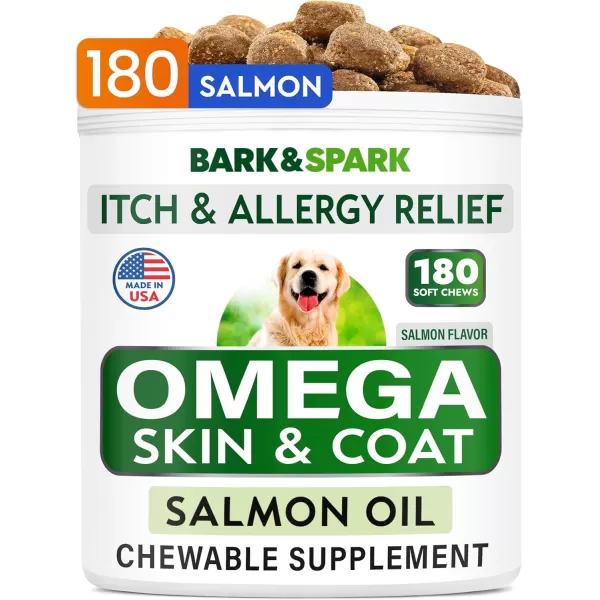 BARKampampSPARK Omega 3 for Dogs  180 Fish Oil Treats for Dog Shedding Skin Allergy Itch Relief Hot Spots Treatment  Joint Health  Skin and Coat Supplement  EPA ampamp DHA Fatty Acids  Salmon OilSalmon