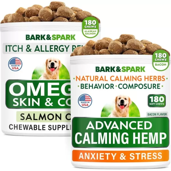 Advanced Calming Hemp  Omega 3 for Dogs Bundle  Anxiety Relief  Skin Allergy  Hemp Oil  Melatonin  EPA ampamp DHA Fatty Acids  Aggressive Behavior Barking  Itch Relief  360 Chews  Made in USA