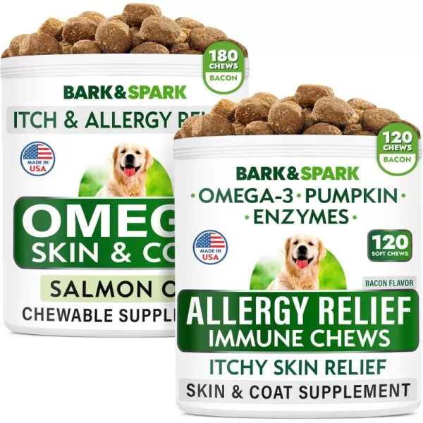 BARKampampSPARK Omega 3  Allergy Relief Bundle  AntiItch SkinampampCoat Supplement  Skin Allergy  Omega 3 Fish Oil  EPAampamp DHA Fatty Acids  ItchingampampPaw Licking  Joint Health  300 Chews  Made in USA