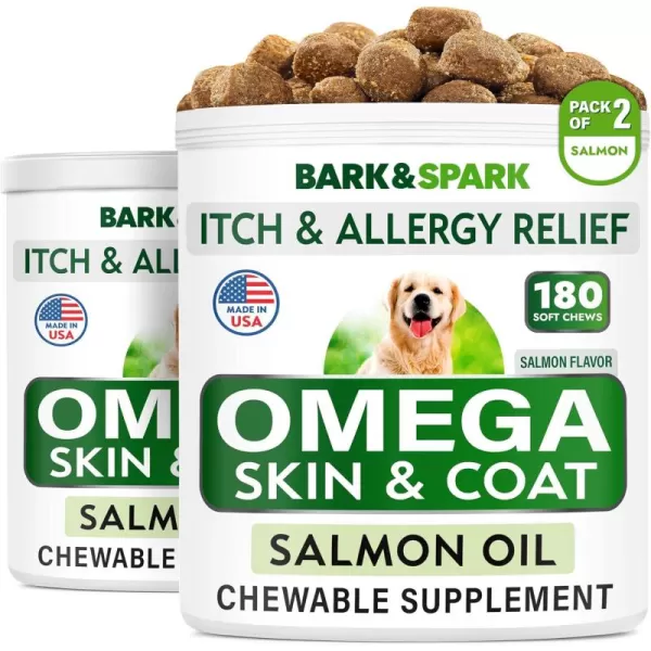 BARKampampSPARK Omega 3 for Dogs  180 Fish Oil Treats for Dog Shedding Skin Allergy Itch Relief Hot Spots Treatment  Joint Health  Skin and Coat Supplement  EPA ampamp DHA Fatty Acids  Salmon OilSalmon