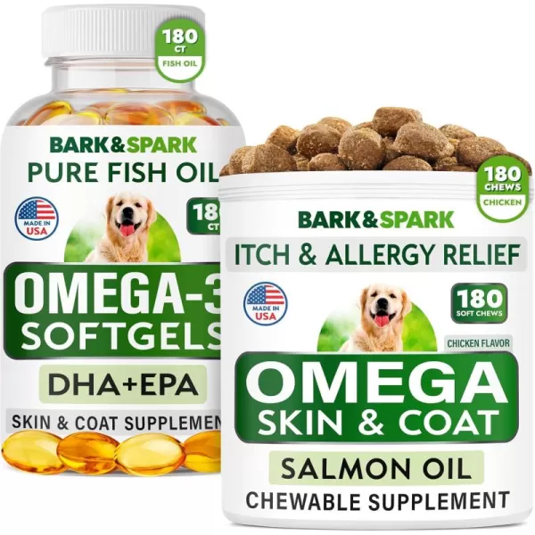 BARKampampSPARK Omega 3 for Dogs Bundle  AntiItch Skin  Skin Allergy  Omega 3 Fish Oil  EPA ampamp DHA Fatty Acids  Itching ampamp Paw Licking  Itch Relief  180 Softgels  180 Chews  Made in USA