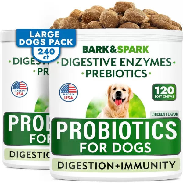 BarkampampSpark Dog Probiotics ampamp Digestive Enzymes Gut Health Allergy ampamp Itchy Skin  Pet Diarrhea Gas Treatment Upset Stomach Relief Digestion Health Prebiotic Supplement Large Dog Treats 240Ct BaconChicken