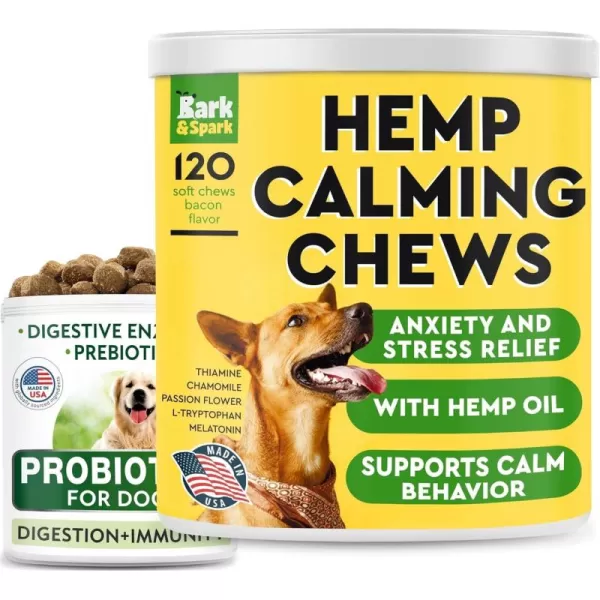 Dog Probiotics Chews  Calming Hemp Treats Bundle  Gas Diarrhea Allergy Constipation Upset Stomach Relief  Anxiety Relief  Separation Aid  Stress Relief During Fireworks Storms Thunder