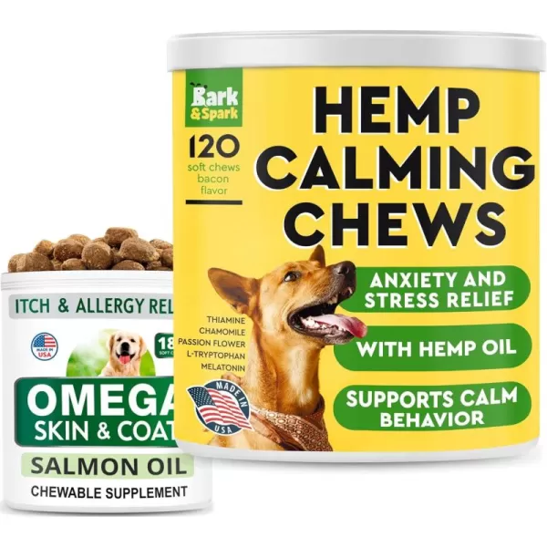 Omega 3 for Dogs  Calming Hemp Treats for Dogs Bundle  Fish Oil Chews for Dog Shedding Skin Allergy Itch Relief  Anxiety Relief  Separation Aid  Stress Relief During Fireworks Storms Thunder