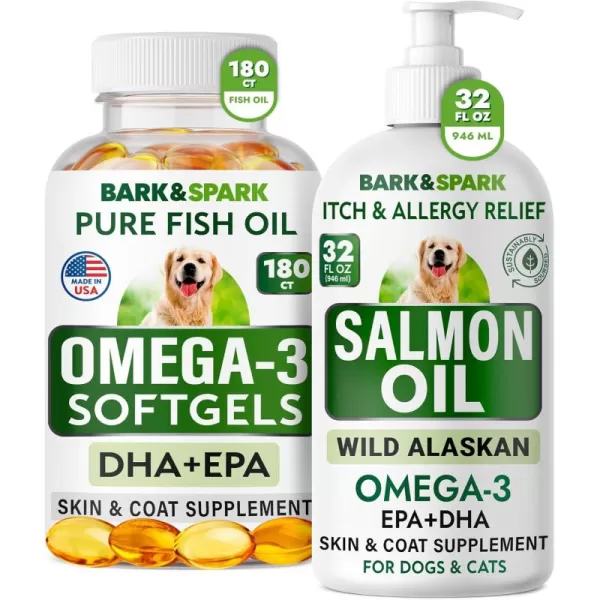 BARKampampSPARK Omega 3 for Dogs Bundle  AntiItch Skin  Skin Allergy  Omega 3 Fish Oil  EPA ampamp DHA Fatty Acids  Itching ampamp Paw Licking  Itch Relief  180 Softgels  32oz  Made in USA