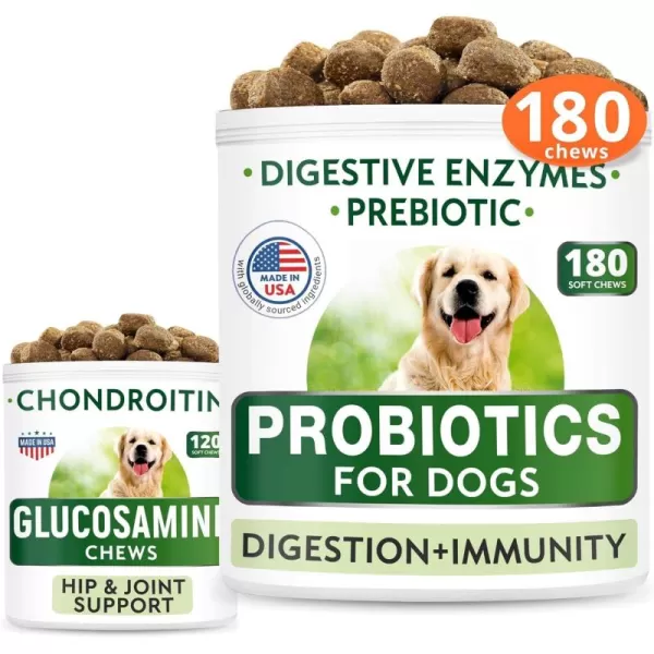 Dog Probiotics Chews  Glucosamine Bundle  Gas Diarrhea Allergy Constipation Upset Stomach Relief  Hip ampamp Joint Care  Digestive Enzymes  Prebiotics  Chondroitin MSM Omega3  300 Soft Chews