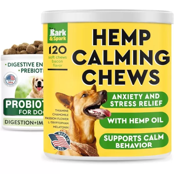 Calming Hemp  Dog Probiotics Bundle  Hemp Oil  Digestive Enzymes  Prebiotics  Anxiety Relief  Gas Diarrhea Allergy Constipation Upset Stomach Relief  Digestion  Immunity  300 Soft Chews