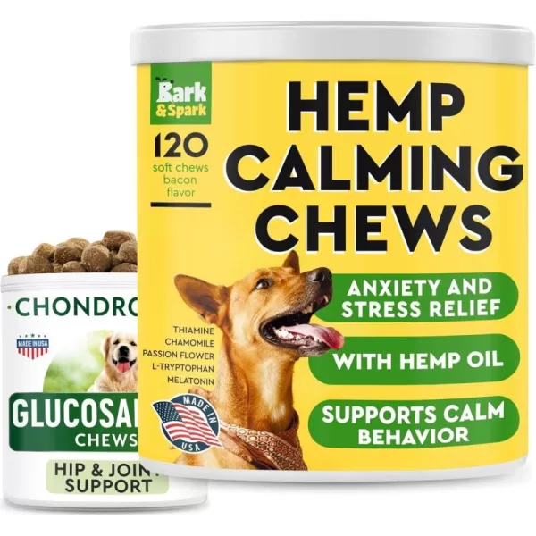 Glucosamine Dog Treats  Calming Hemp Treats for Dogs Bundle  Hip Support and Joint Pain Relief Supplement with Chondroitin MSM Omega3  Anxiety Relief Separation Aid Fireworks Storms Thunder