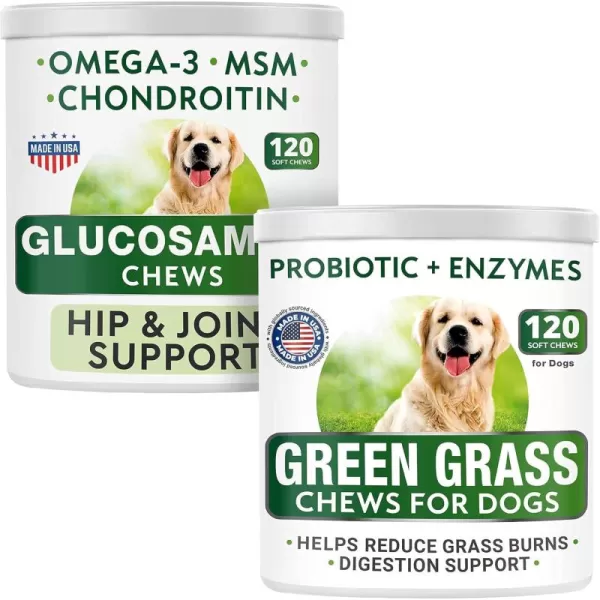 Glucosamine Dog Treats  Grass Treatment for Dog Urine Bundle  Hip Support and Joint Pain Relief Supplement w Chondroitin MSM Omega3  Pee Lawn Repair w Probiotics  Dog Urine Neutralizer