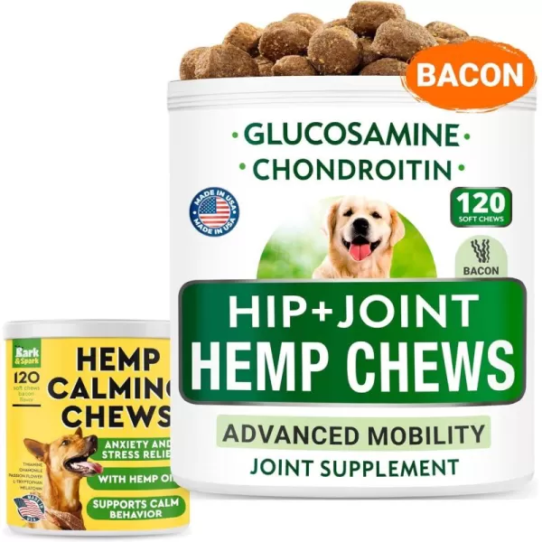 Hemp  Glucosamine  Calming Treats for Dogs Bundle  Joint Pain Relief  Anxiety Relief  Hemp Oil  Chondroitin wMSM  Omega 3  Hip ampamp Joint Supplement  Stress Relief  240 Chews  Made in USA