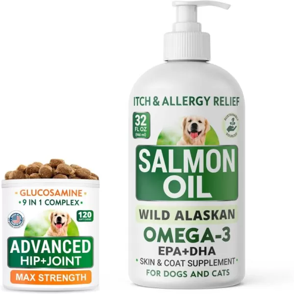 32oz Salmon Oil  120Ct Glucosamine Treats Bundle  Skin ampamp Coat Support  Old Dog Joint Pain Relief  EPA  DHA Fatty Acids  Chondroitin Omega3  Advanced Immune Heart ampamp Joint Health  Made in USA