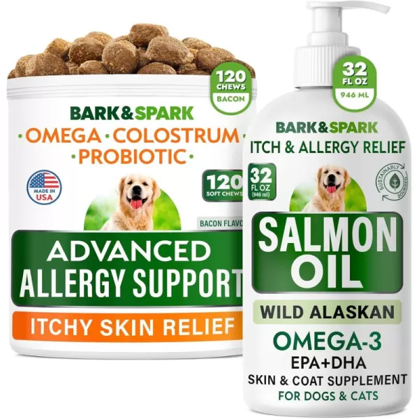 Advanced Dog Allergy  Salmon Oil Bundle  Itch Relief  Skin ampamp Coat Support  Probiotics wFish Oil Omega 3  EPAampampDHA Fatty Acid  Skin Allergies  SkinampampCoat Support  120 Chews  32oz  Made in USA