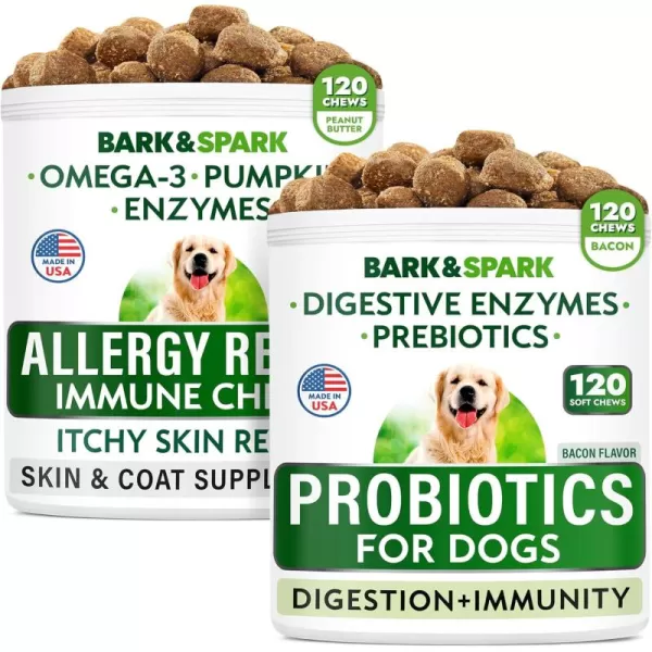 Allergy Relief Dog Treats  Probiotics Bundle  Itchy Skin Relief  Upset Stomach Relief  Omega 3  Pumpkin  Enzymes  Prebiotics  Seasonal Allergies  Improve Digestion  240 Chews  Made in USA