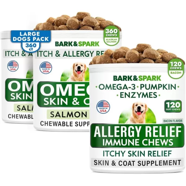 BARKampampSPARK Allergy Relief  Omega 3 for Dogs Bundle  AntiItch Skin  Skin Allergy  Omega 3 Fish Oil  EPA ampamp DHA Fatty Acids  ItchingampampPaw Licking  Itch Relief  480 Chews  Made in USA