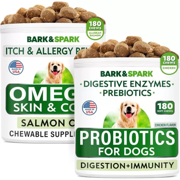 BARKampampSPARK Probiotics  Omega 3 for Dogs Bundle  Allergy ampamp Itchy Skin  Skin Allergy  Digestive Enzymes  EPA ampamp DHA Fatty Acids  Stomach Relief  Itch Relief  360 Chews  Made in USA