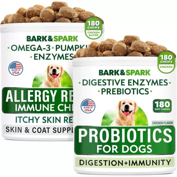 Probiotics  Allergy Relief Bundle  AntiItch SkinampampCoat  AllergyampampItchy Skin  Digestive Enzymes  Omega 3 Fish Oil  ItchingampampPaw Licking  Pet Diarrhea Gas Treatment Upset  360 Chews  Made in USA