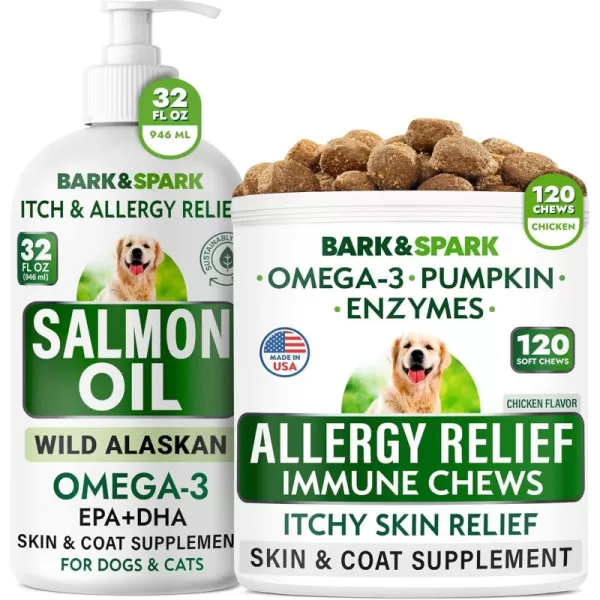 Salmon Oil  Allergy Relief Bundle  Skin ampamp Coat Support  AntiItch Skin  Omega 3 Fish Oil  EPA ampamp DHA Fatty Acids  Immune ampamp Heart Health  Itching ampamp Paw Licking  32 oz  180 Chews  Made in USA