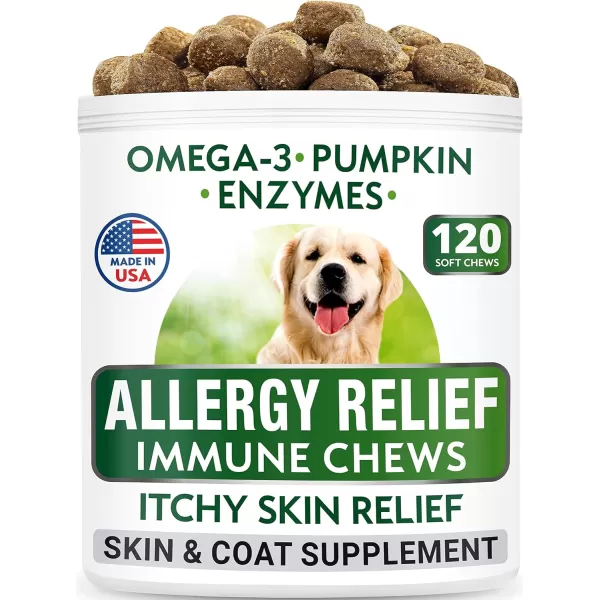Allergy Relief  Dog Probiotics Chews Bundle  Itchy Skin Relief  Upset Stomach Relief  Omega 3 Pumpkin Enzymes Prebiotics  Seasonal Allergies  Improve Digestion  120  120 Chews  Made in USA