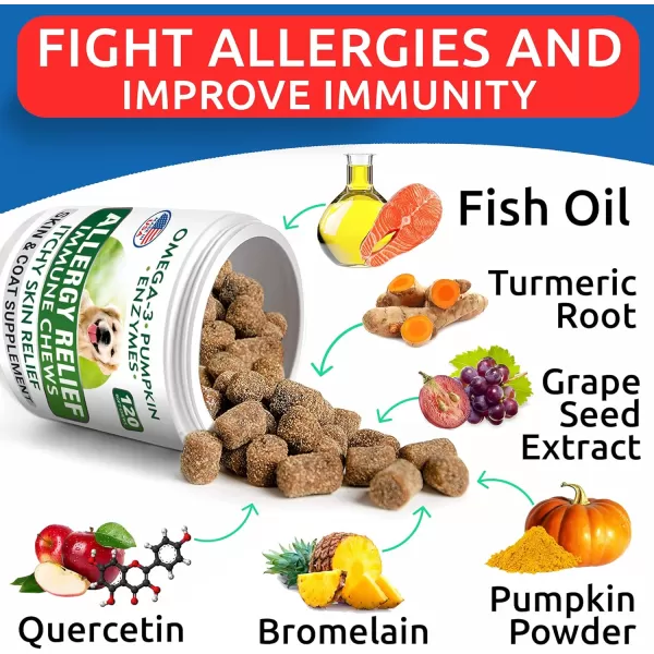 Allergy Relief  Dog Probiotics Chews Bundle  Itchy Skin Relief  Upset Stomach Relief  Omega 3 Pumpkin Enzymes Prebiotics  Seasonal Allergies  Improve Digestion  120  120 Chews  Made in USA