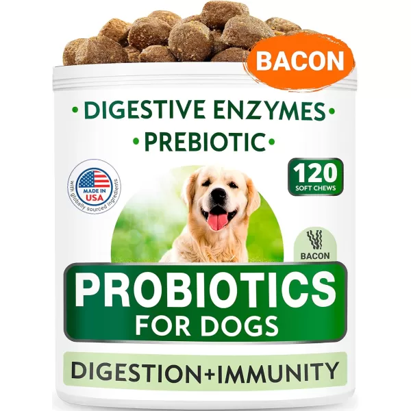 Dog Probiotics Chews Bundle  Gas Diarrhea Allergy Constipation Upset Stomach Relief  Digestive Enzymes  Prebiotics  Improve Digestion  120  120 Chews  Chicken  Bacon Flavor  Made in USA