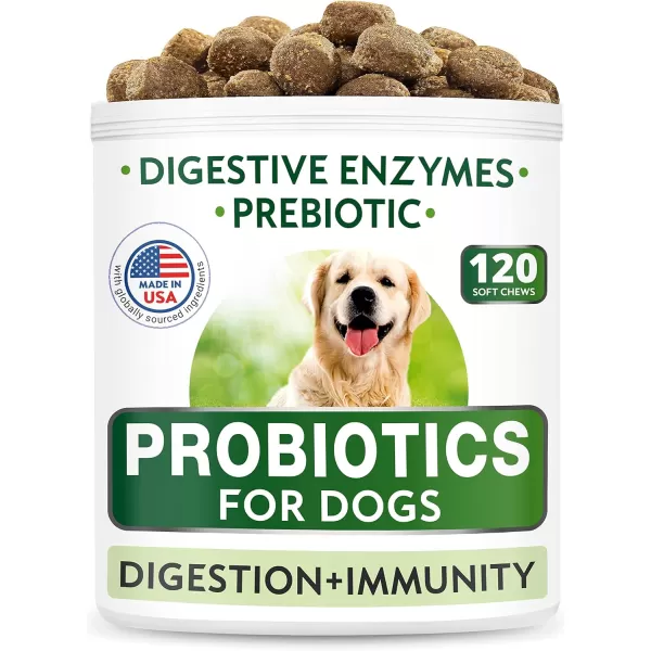 Dog Probiotics Chews Bundle  Gas Diarrhea Allergy Constipation Upset Stomach Relief  Digestive Enzymes  Prebiotics  Improve Digestion  120  120 Chews  Chicken  Bacon Flavor  Made in USA