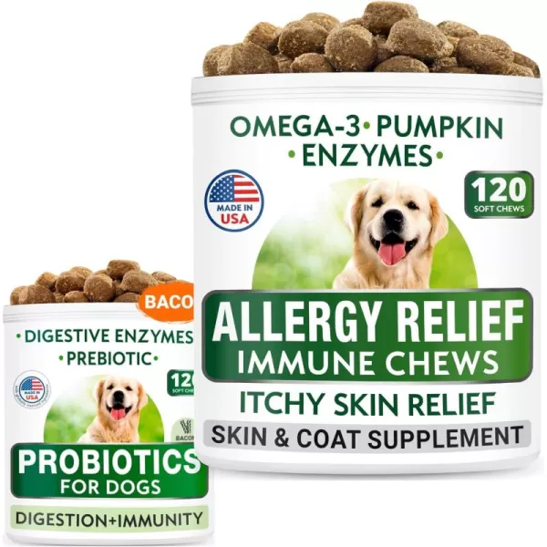 Allergy Relief  Dog Probiotics Chews Bundle  Itchy Skin Relief  Upset Stomach Relief  Omega 3 Pumpkin Enzymes Prebiotics  Seasonal Allergies  Improve Digestion  120  120 Chews  Made in USA