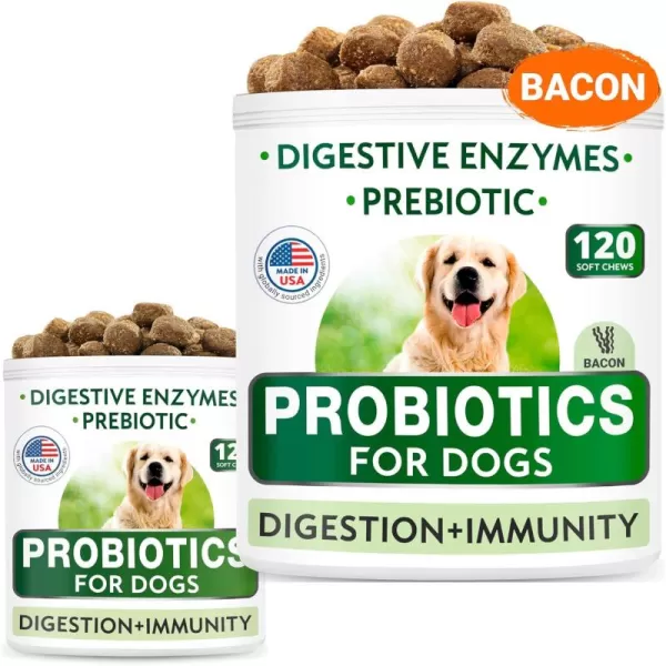 Dog Probiotics Chews Bundle  Gas Diarrhea Allergy Constipation Upset Stomach Relief  Digestive Enzymes  Prebiotics  Improve Digestion  120  120 Chews  Chicken  Bacon Flavor  Made in USA