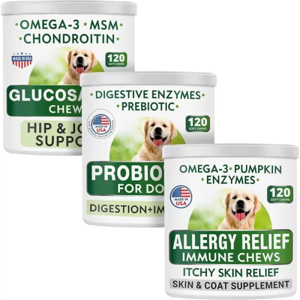 imageBARKampampSPARK Glucosamine Dog Treats  Dog Probiotics Chews  Allergy Relief Dog Treats Bundle  Hip ampamp Joint Support  Digestion Support Upset Stomach Relief  Allergy and Itch Relief Supplement