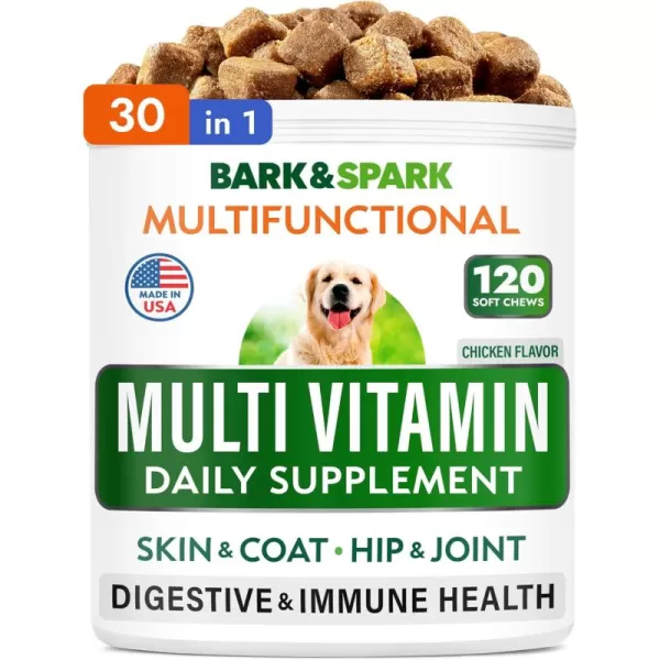 imageBARKampampSPARK Multivitamin Chewable Treats for Dogs  Glucosamine Chondroitin for Joint Support  Omega for Skin ampamp Coat  Probiotics  Multi Vitamin for Dogs Health  Dog Vitamins and SupplementsChicken