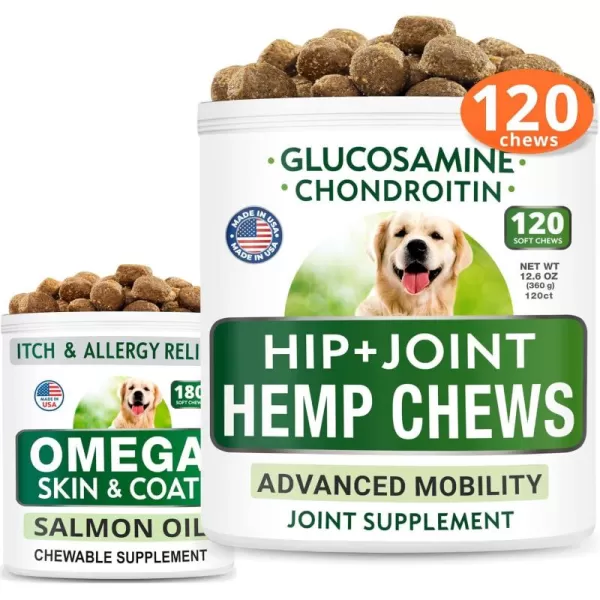 imageHemp Treats  Glucosamine  Omega 3 for Dogs Bundle  Joint Pain  Allergy and Itch Relief  Hip ampamp Joint Supplement wMSM  Chondroitin  Hemp Oil  Omega 3  EPA ampamp DHA Fatty Acids  120  180 Chews