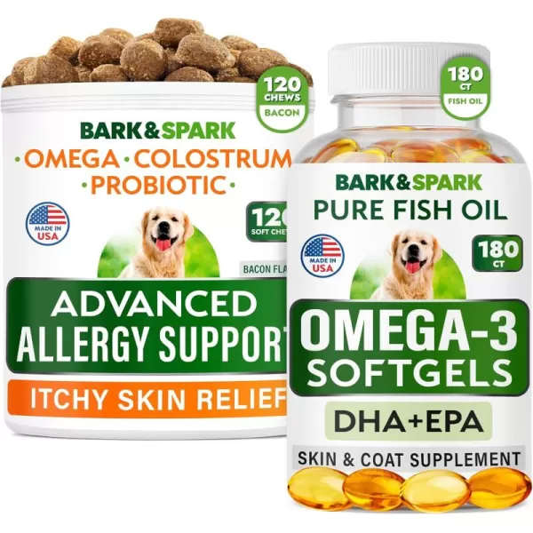 imageAdvanced Dog Allergy  Omega 3 Bundle  Itch Relief  Probiotics wFish Oil Omega 3  EPAampampDHA Fatty Acid  Skin Allergies  Joint Health  120 Chews  180 Softgels  Bacon  Fish Flavor  Made in USA