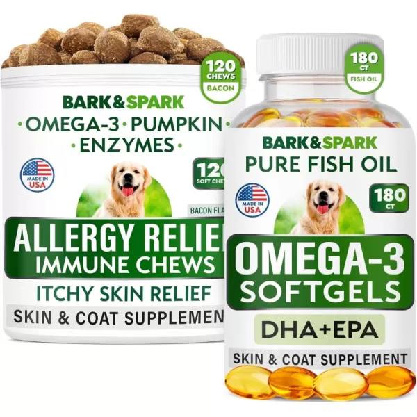 imageAllergy Relief  Omega 3 Bundle  AntiItch SkinampampCoat Supplement  Skin Allergy  Omega 3 Fish Oil  EPAampamp DHA Fatty Acids  ItchingampampPaw Licking  Joint Health  120 Chews  180 Softgels  Made in USA