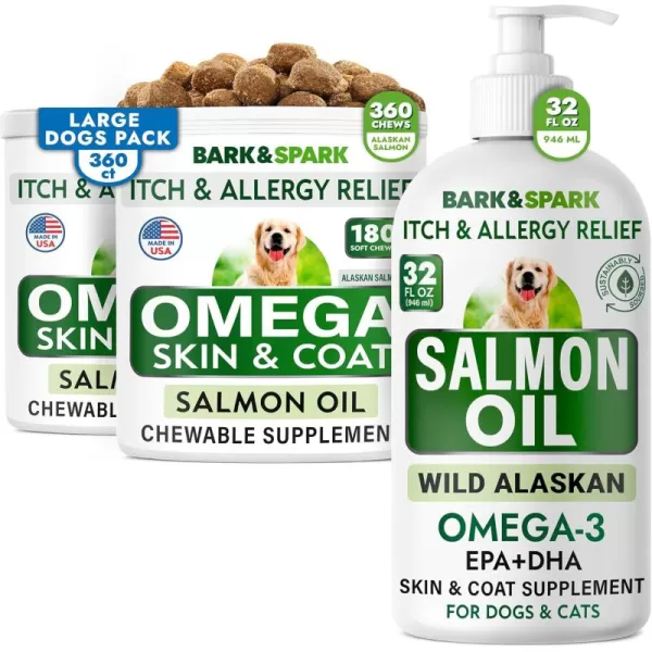 imageBARKampampSPARK Omega 3 for Dogs Bundle  AntiItch Skin  Skin Allergy  Omega 3 Fish Oil  EPA ampamp DHA Fatty Acids  Itching ampamp Paw Licking  Itch Relief  360 Chews  32oz Salmon Oil  Made in USA