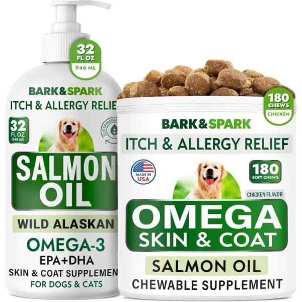 imageBARKampampSPARK Omega 3 for Dogs Bundle  AntiItch Skin  Skin Allergy  Omega 3 Fish Oil  EPA ampamp DHA Fatty Acids  Itching ampamp Paw Licking  Itch Relief  180 Chews  32oz Salmon Oil  Made in USA