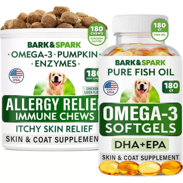 imageOmega 3  Allergy Relief Bundle  Skin ampamp Coat Support  AntiItch Skin  EPA ampamp DHA Fatty Acids  Omega 3 Fish Oil  Itching ampamp Paw Licking  Joint Health  180ct Softgels  180 Chews  Made in USA