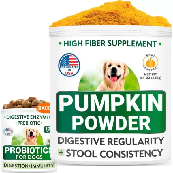 imagePumpkin for Dogs  Dog Probiotics Chews Bundle  Constipation Upset Stomach  Gas Allergy  Pure Pumpkin Powder  Digestive Enzymes Prebiotics  Improve Digestion  81oz  120 Chews  Made in USA