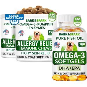 imageAllergy Relief  Omega 3 Bundle  AntiItch SkinampampCoat Supplement  Skin Allergy  Omega 3 Fish Oil  EPAampamp DHA Fatty Acids  ItchingampampPaw Licking  Joint Health  240 Chews  180 Softgels  Made in USA