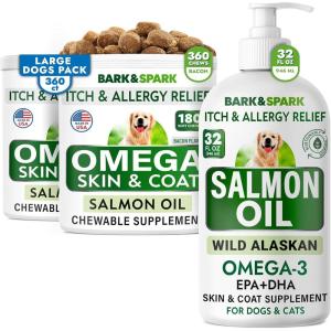 imageSalmon Oil  Omega 3 for Dogs Bundle  Skin ampamp Coat Support  Itch Relief  EPADHA Fatty Acids  Immune ampamp Heart Health  Joint Health  32oz  360 Chews  Made in USA