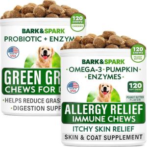 imageAllergy Relief  Grass Treatment for Dog Urine Bundle  Itchy Skin Relief  Grass Restore  Omega 3  Pumpkin  Enzymes  Probiotics  Seasonal Allergies  Pee Lawn Repair  240 Chews  Made in USA