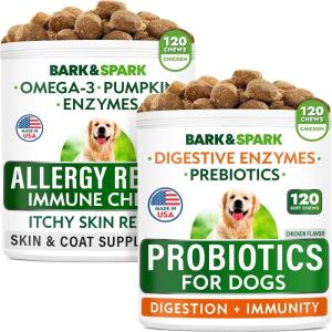 imageAllergy Relief Dog Treats  Dog Probiotics Chews Bundle  Omega 3  Pumpkin  Enzymes for Itchy Skin Relief  Digestive Enzymes  Prebiotics for Gas Diarrhea Constipation Upset Stomach Relief
