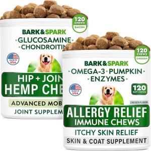 imageAllergy Relief Dog Treats  Glucosamine Bacon Flavor Bundle  Itchy Skin Relief  Joint Pain Relief  Pumpkin Enzymes  Chondroitin MSM Omega3  Seasonal Allergies  240 Soft Chews  Made in USA