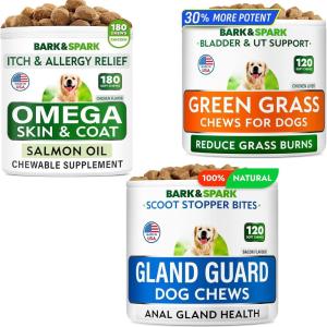 imageBARKampampSPARK Omega 3Green Grass ChewsGland Guard Bundle  Scoot Relief  Dog Shedding Skin Allergy Itch Relief Hot Spots Treatment  Pee Grass Spot Saver  Made in USA