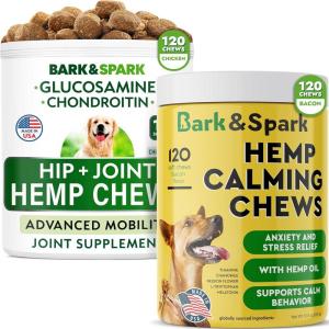imageCalming for Dogs  Hemp Treats  Glucosamine Bundle  Hemp Oil  Chondroitin MSM Omega3  Anxiety Relief  Joint Pain Relief  Stress Relief During Fireworks Storms Thunder  2 x 120 Soft Chews