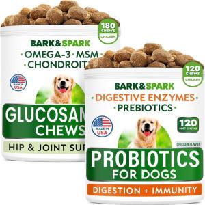 imageDog Probiotics  Glucosamine Treats Bundle  Digestive Enzymes  Prebiotics  Chondroitin MSM Omega3  Gas Diarrhea Allergy Constipation Upset Stomach Relief  Joint Pain Relief  Immunity