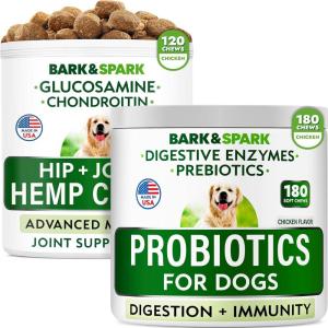 imageDog Probiotics Chews  Hemp Treats  Glucosamine Bundle  Digestive Enzymes  Prebiotics  Chondroitin MSM Omega3  Gas Diarrhea Allergy Constipation Upset Stomach Relief  Joint Pain Relief