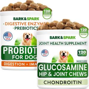imageGlucosamine Bacon Flavor  Dog Probiotics Bundle  Joint Pain Relief  Gas Diarrhea Relief  Chondroitin MSM Omega3  Digestive Enzymes Prebiotics  Chewable Fiber  240 Soft Chews  Made in USA