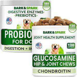 imageGlucosamine Bacon Flavor  Dog Probiotics Bundle  Joint Pain Relief  Gas Diarrhea Relief  Chondroitin MSM Omega3  Digestive Enzymes Prebiotics  Chewable Fiber  300 Soft Chews  Made in USA